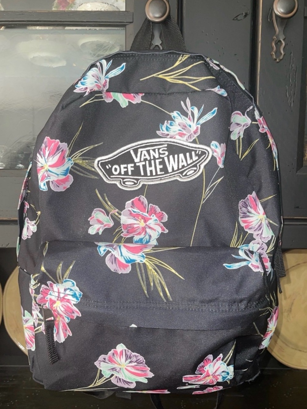 Vans Black Floral Backpack with Pink & Blue Flowers